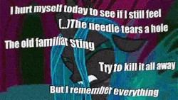 Size: 1200x675 | Tagged: changeling, changeling queen, deep fried meme, derpibooru import, edgy, edgy as fuck, edit, edited screencap, eyes closed, female, implied self harm, johnny cash, meme, nine inch nails, queen chrysalis, safe, screencap, solo, text