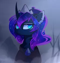 Size: 2000x2088 | Tagged: safe, artist:magnaluna, derpibooru import, princess luna, pony, alternate hairstyle, bust, cheek fluff, chest fluff, cloak, clothes, crown, curved horn, deadpan, ear fluff, ethereal mane, female, fog, galaxy mane, gray background, horn, jewelry, lidded eyes, looking at you, mare, neck fluff, portrait, regalia, simple background, slit eyes, solo, wingding eyes