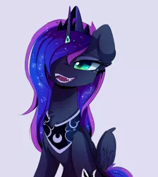 Size: 1426x1595 | Tagged: safe, artist:magnaluna, derpibooru import, princess luna, alicorn, pony, chest fluff, fangs, female, hair over one eye, horn, horn ring, mare, modified accessory, ring, simple background, solo