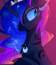 Size: 1600x1880 | Tagged: safe, artist:magnaluna, derpibooru import, princess luna, pony, body markings, bust, cheek fluff, chest fluff, color porn, constellation, crown, curved horn, ear fluff, ethereal mane, female, galaxy mane, gradient background, hair over one eye, horn, jewelry, leg fluff, mare, regalia, solo