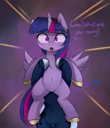 Size: 1322x1527 | Tagged: safe, artist:magnaluna, derpibooru import, princess luna, twilight sparkle, twilight sparkle (alicorn), alicorn, pony, belly button, best pony, blushing, both cutie marks, dialogue, female, heart, holding a pony, lesbian, looking at you, mare, misleading thumbnail, shipping, surprised, twiluna