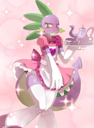 Size: 1724x2346 | Tagged: anthro, artist:ss2sonic, blushing, clothes, crossdressing, derpibooru import, dragon, dress, evening gloves, gloves, long gloves, looking at you, lusty baby dragon maid, maid, maid spike, male, safe, solo, spike, sweat, wide hips