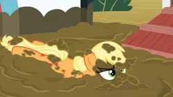 Size: 1920x1080 | Tagged: safe, derpibooru import, applejack, earth pony, pony, 28 pranks later, faceplant, female, mare, messy, mud, muddy, pig pen, prank, prone