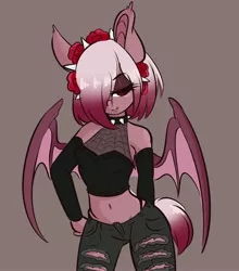 Size: 3351x3815 | Tagged: suggestive, artist:wickedsilly, derpibooru import, oc, oc:kala vera, unofficial characters only, anthro, bat pony, anthro oc, bat pony oc, bat wings, belly button, breasts, clothes, female, flower, flower in hair, mare, panties, rose, solo, solo female, thong, torn jeans, underwear, wings