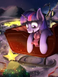 Size: 3000x4000 | Tagged: safe, artist:blackligerth, derpibooru import, twilight sparkle, pony, canterlot, christmas, christmas tree, clothes, female, holiday, mare, night, scarf, sleigh, smiling, solo, stars, tree