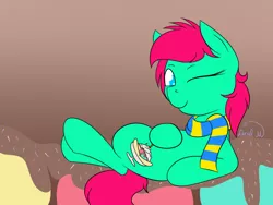 Size: 1024x768 | Tagged: safe, artist:luriel maelstrom, derpibooru import, oc, oc:minty split, earth pony, pony, clothes, cute, female, food, ice cream, looking at you, lying down, one eye closed, scarf, signature, simple background, solo, wink