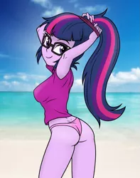 Size: 1031x1307 | Tagged: suggestive, artist:slb94, artist:ta-na, derpibooru import, edit, sci-twi, twilight sparkle, equestria girls, arm behind head, ass, beach, beautiful, breasts, butt, clothes, cloud, dimples of venus, female, glasses, hair tie, looking at you, looking back, looking back at you, outdoors, panties, ponytail, sand, shirt, sky, smiling, solo, solo female, standing, stupid sexy sci-twi, tight clothing, twibutt, underwear, water