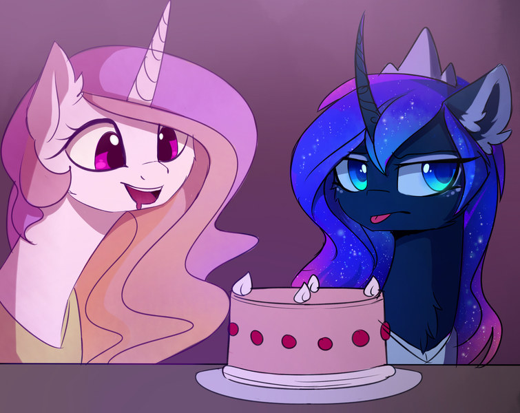 Size: 2300x1829 | Tagged: safe, artist:magnaluna, derpibooru import, princess celestia, princess luna, pony, cake, cakelestia, cheek fluff, colored pupils, crown, curved horn, cute, cutelestia, ear fluff, ethereal mane, eyes on the prize, female, food, galaxy mane, horn, jewelry, lunabetes, mare, neck fluff, open mouth, regalia, tongue out