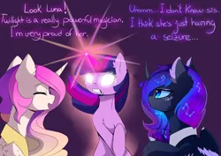 Size: 2800x1979 | Tagged: safe, artist:magnaluna, derpibooru import, princess celestia, princess luna, twilight sparkle, pony, bipedal, chest fluff, constellation, curved horn, dialogue, ear fluff, ethereal mane, eyes closed, fluffy, frown, galaxy mane, glowing eyes, glowing horn, gritted teeth, horn, magic, neck fluff, open mouth, royal sisters, seizure, simple background, smiling, student, teacher, teacher and student, trio, wide eyes, wing fluff