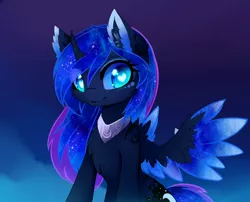 Size: 1600x1295 | Tagged: safe, artist:magnaluna, derpibooru import, princess luna, alicorn, pony, body markings, cheek fluff, chest fluff, color porn, colored wings, colored wingtips, curved horn, cute, ear fluff, ethereal mane, eyelashes, fluffy, galaxy mane, heart eyes, horn, looking at you, lunabetes, simple background, smiling, solo, spread wings, wingding eyes, wings