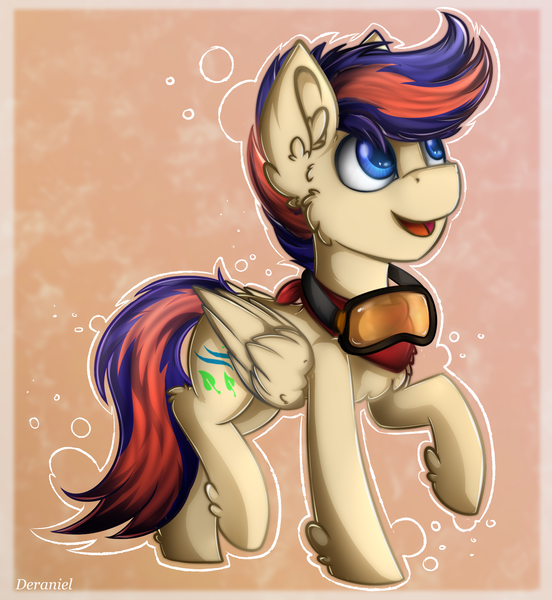 Size: 1664x1808 | Tagged: safe, artist:deraniel, derpibooru import, oc, oc:zephyr leaf, unofficial characters only, pegasus, pony, abstract background, bandana, commission, cutie mark, digital art, ear fluff, goggles, happy, looking up, male, multicolored hair, multicolored mane, multicolored tail, open mouth, signature, solo, stallion, wings, ych result