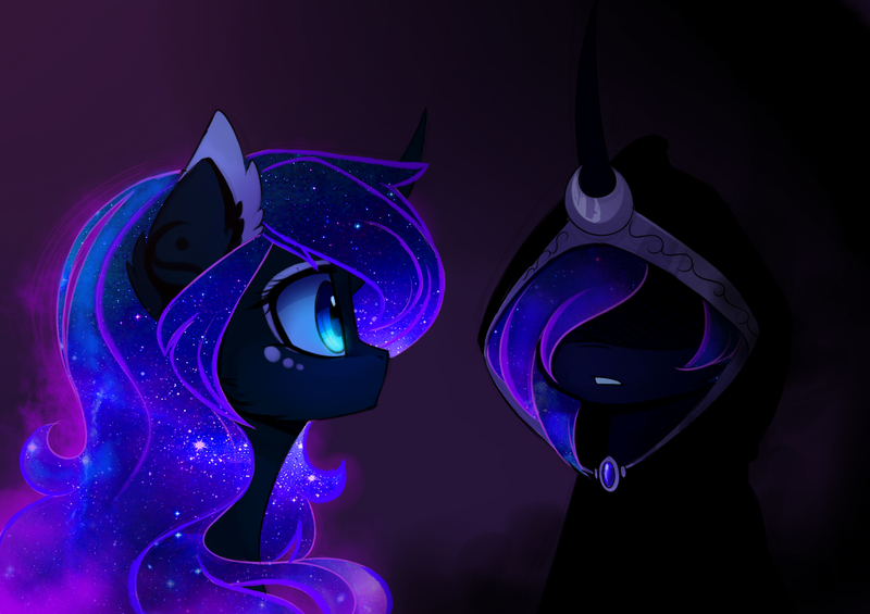 Size: 1900x1343 | Tagged: safe, artist:magnaluna, derpibooru import, princess luna, cheek fluff, cloak, clothes, color porn, colored pupils, curved horn, ear fluff, ethereal mane, evil kermit, galaxy mane, horn, inner me, looking at each other, meme, missing accessory, self ponidox, simple background