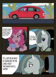 Size: 1350x1850 | Tagged: safe, artist:madara, deleted from derpibooru, derpibooru import, marble pie, pinkie pie, anthro, earth pony, car, clothes, comic cover, dialogue, duo, female, hair over one eye, lidded eyes, lipstick, mare, seatbelt, talking