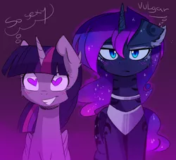 Size: 1600x1455 | Tagged: safe, artist:magnaluna, derpibooru import, princess luna, twilight sparkle, twilight sparkle (alicorn), alicorn, pony, blushing, cheek fluff, collar, colored pupils, curved horn, duo, ear fluff, ethereal mane, floppy ears, galaxy mane, gradient background, grin, heart, heart eyes, horn, luna is not amused, offscreen character, smiling, unamused, varying degrees of want, want, wingding eyes