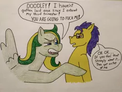 Size: 1280x960 | Tagged: suggestive, artist:hawkfang, derpibooru import, oc, oc:boomerang beauty, oc:doodley, earth pony, pegasus, pony, comic:pregnancy admiration, angry, doomerang, fangs, glare, glasses, imminent sex, pregnant, traditional art