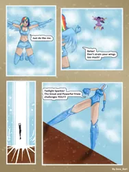 Size: 1024x1365 | Tagged: artist:zera_kori, belly button, breasts, clothes, comic, comic:trixie vs. rainbow dash and twilight sparkle, derpibooru import, dress, human, humanized, midriff, rainbow dash, safe, sports bra, trixie, twilight sparkle, winged humanization, wings