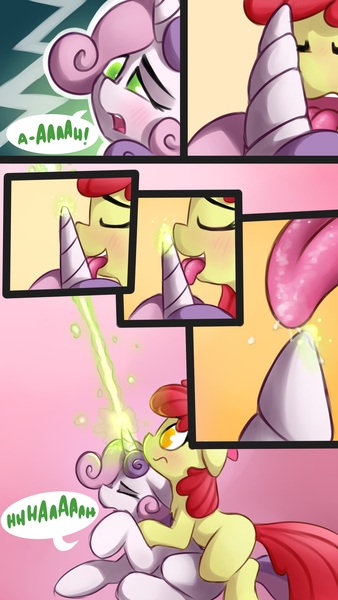 Size: 2160x3840 | Tagged: questionable, artist:anon_1515, derpibooru import, apple bloom, sweetie belle, earth pony, pony, unicorn, comic:applesauce, abstract background, ahegao, blank flank, blast, blushing, bow, colored pupils, comic, dialogue, drool, eyes closed, female, female orgasm, filly, floppy ears, foal, hair bow, hooves, horn, horn licking, horngasm, hornjob, lesbian, licking, magic, magic beam, magic blast, open mouth, orgasm, shipping, sweetiebloom, teeth, tongue out