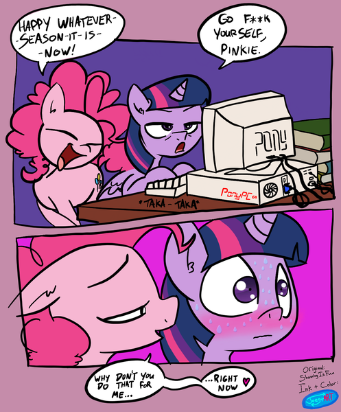 Size: 1165x1406 | Tagged: questionable, artist:joestart, artist:shoutingisfun, color edit, derpibooru import, edit, pinkie pie, twilight sparkle, twilight sparkle (alicorn), alicorn, earth pony, pony, blushing, censored vulgarity, colored, comic, computer, dialogue, duo, ear fluff, female, heart, innuendo, keyboard, lesbian, onomatopoeia, propositioning, shipping, simple background, speech bubble, subtle as a train wreck, sweat, sweatdrop, twinkie, white background