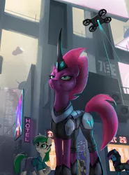 Size: 1200x1622 | Tagged: safe, artist:hardbrony, derpibooru import, tempest shadow, oc, cyborg, earth pony, pony, unicorn, :t, armor, bag, city, clothes, commission, cyberpunk, drone, eye scar, female, future, hoodie, horn, hotel, mare, pants, prosthetic horn, prosthetics, saddle bag, scar, tempest gets her horn back