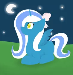 Size: 1024x1048 | Tagged: alicorn, alicorn oc, artist:hopefuldragon, bow, derpibooru import, grass, hair bow, horn, moon, night, oc, oc:fleurbelle, safe, stars, wings