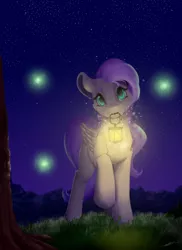 Size: 2000x2750 | Tagged: safe, artist:skitsniga, derpibooru import, fluttershy, pegasus, pony, female, folded wings, lantern, looking at you, mare, mouth hold, night, raised hoof, solo, standing, wings