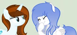 Size: 1024x466 | Tagged: safe, artist:drawfrommyspirit, derpibooru import, oc, oc:diamante, oc:snow flurry, unofficial characters only, pegasus, pony, unicorn, female, laughing, mare, simple background