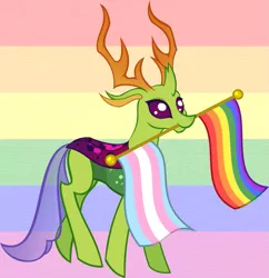 Size: 917x948 | Tagged: changedling, changeling, colored outlines, colorful, cute, derpibooru import, featureless snout, flag, gay pride flag, happy, holding, insect, king thorax, lgbt, lgbt headcanon, looking at you, male, mouth hold, nom, pride, pride background, pride flag, safe, smiling, solo, thorax, transgender, transgender pride flag, tumblr, walking