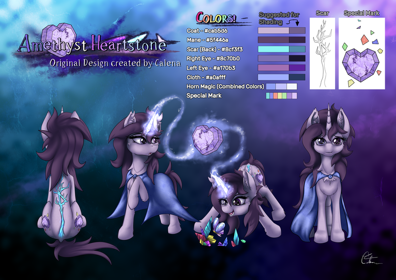 Size: 1280x905 | Tagged: safe, artist:calena, derpibooru import, oc, oc:amethyst heartstone, unofficial characters only, butterfly, pony, unicorn, :o, cheek fluff, clothes, commission, crystal, cute, female, glowing horn, heart, horn, leg fluff, levitation, looking at something, looking at you, magic, mare, open mouth, reference, reference sheet, scar, sitting, smiling, solo, stone, telekinesis, title
