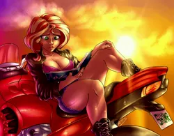 Size: 4095x3190 | Tagged: suggestive, artist:drizziedoodles, derpibooru import, sunset shimmer, human, art pack:my little sweetheart, art pack:my little sweetheart: the finale, equestria girls, book, boots, bra, breasts, busty sunset shimmer, cleavage, clothes, humanized, jacket, leather jacket, legs, motorcycle, my little sweetheart, shoes, underwear