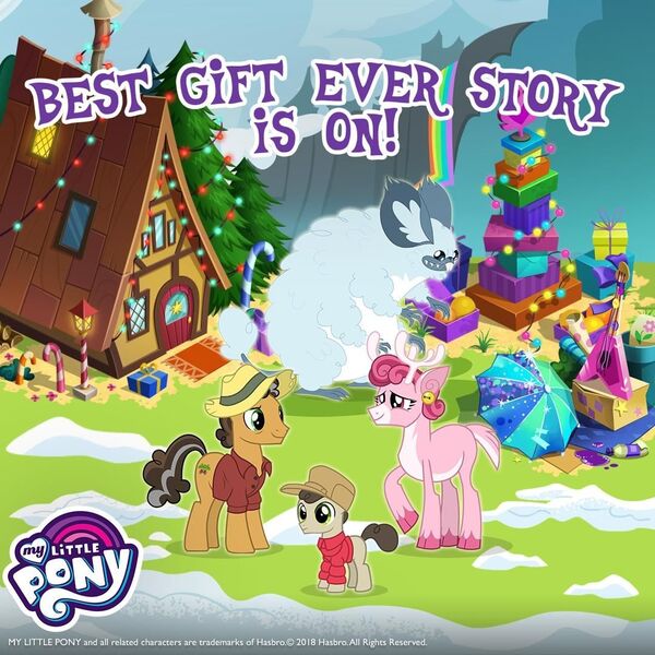 Size: 1080x1080 | Tagged: safe, derpibooru import, official, bori the reindeer, gnarly burl, oak nut, ponified, pony, winterchilla, best gift ever, charlie brown, gameloft, winterzilla