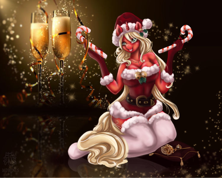 Size: 4000x3200 | Tagged: suggestive, artist:mdwines, derpibooru import, oc, oc:scarlet rose, unofficial characters only, anthro, unicorn, advertisement, anthro oc, auction, bell, belt, big breasts, blonde, breasts, candy, candy cane, cap, champagne, christmas, cleavage, clothes, commission, commission info, costume, female, flower, food, gloves, green eyes, hat, holding, holding hands, holiday, holly, horn, jewelry, new year, party, redskin, reflection, rose, santa claus, santa costume, santa hat, smiley face, socks, solo, stockings, thick, thigh highs, tongue out, ych example, ych result, your character here