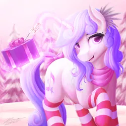 Size: 1024x1024 | Tagged: safe, artist:novaintellus, derpibooru import, oc, oc:melodia, unofficial characters only, pony, unicorn, bandana, bow, clothes, cute, female, glowing horn, horn, looking at you, magic, mare, ocbetes, present, raised hoof, signature, smiling, snow, socks, solo, striped socks, tail bow, telekinesis, thigh highs, tree, winter