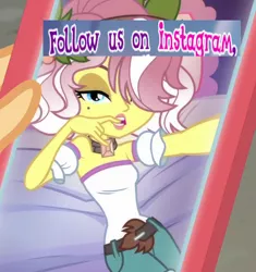 Size: 886x941 | Tagged: safe, derpibooru import, screencap, applejack, vignette valencia, equestria girls, equestria girls series, rollercoaster of friendship, biting, finger bite, finger in mouth, gameloft, hashtag bangs, instagram, me my selfie and i, meme, mobile phone, phone, selfie, smartphone, wow! glimmer