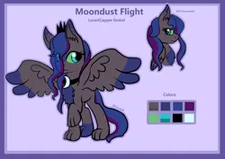 Size: 1684x1191 | Tagged: artist:tkitten16, colored sclera, derpibooru import, interspecies offspring, lunapper, oc, oc:moondust flight, offspring, parent:capper, parent:princess luna, parents:lunapper, raised leg, reference sheet, safe, solo, unofficial characters only, wings