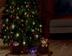 Size: 2700x2080 | Tagged: safe, artist:xjenn9, derpibooru import, fluttershy, sunset shimmer, twilight sparkle, twilight sparkle (alicorn), alicorn, pegasus, pony, unicorn, box, christmas, christmas tree, cute, female, holiday, mare, pony in a box, present, tree