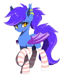 Size: 1150x1384 | Tagged: safe, artist:hioshiru, derpibooru import, oc, oc:evening lily, unofficial characters only, bat pony, pony, 2019 community collab, derpibooru community collaboration, blushing, clothes, cute, ear piercing, female, mare, piercing, ponytail, shy, simple background, socks, solo, striped socks, transparent background
