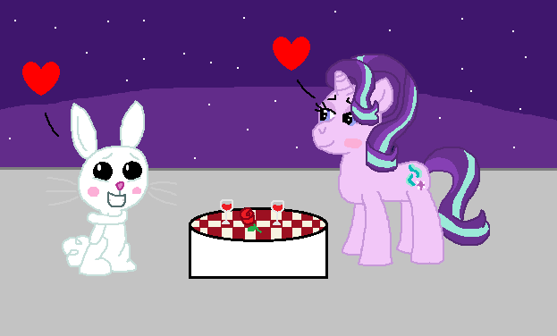 Size: 623x376 | Tagged: angel bunny, artist:drypony198, blushing, date, date night, derpibooru import, drink, female, flower, heart, interspecies, male, night, rose, safe, shipping, starbunny, starlight glimmer, straight