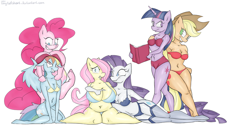 Size: 1920x1080 | Tagged: suggestive, artist:longtailshort, derpibooru import, applejack, fluttershy, pinkie pie, rainbow dash, rarity, twilight sparkle, twilight sparkle (alicorn), alicorn, anthro, bat pony, earth pony, pegasus, unguligrade anthro, unicorn, armpits, big breasts, book, bra, breasts, busty fluttershy, busty pinkie pie, clothes, female, flutterbat, huge breasts, lingerie, mane six, mare, panties, plump, race swap, simple background, smiling, underwear, white background