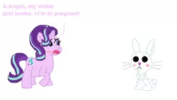 Size: 654x372 | Tagged: angel bunny, artist:drypony198, blushing, derpibooru import, female, interspecies, male, pregnant, safe, shipping, starbunny, starlight glimmer, straight