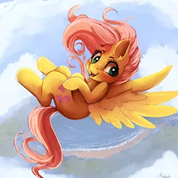 Size: 1024x1024 | Tagged: safe, artist:miokomata, derpibooru import, fluttershy, pegasus, pony, anatomically incorrect, cloud, cute, female, flying, freckles, incorrect leg anatomy, looking at you, looking sideways, mare, open mouth, shyabetes, sky, smiling, solo, spread wings, vertigo, wings