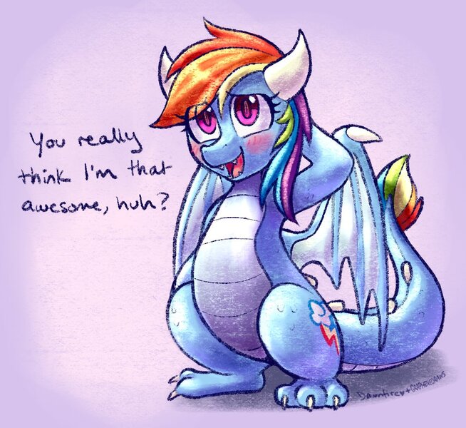 Size: 1050x963 | Tagged: safe, artist:dawnfire, artist:graphene, derpibooru import, rainbow dash, dragon, arm behind head, commission, cute, dashabetes, dragonified, female, rainbow dragon, smiling, solo, species swap