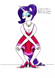 Size: 2468x3492 | Tagged: safe, artist:killerteddybear94, derpibooru import, rarity, anthro, unicorn, beautisexy, breasts, charleston, cleavage, clothes, dancing, dancity, dialogue, dress, eyes half closed, eyeshadow, female, hair bun, jewelry, looking at you, makeup, mare, necklace, open mouth, seductive look, shoes, smiling, talking to viewer, traditional art