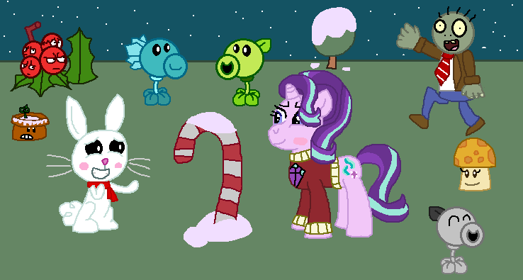 Size: 738x395 | Tagged: angel bunny, artist:drypony198, blushing, candy, candy cane, clothes, derpibooru import, dry peashooter, female, flower pot, food, interspecies, jolly barrier, male, night, peashooter, plants vs zombies, safe, shipping, snow, snow pea, starbunny, starlight glimmer, straight, sun shroom, sweater, tree, undead, zombie