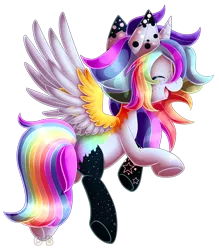 Size: 1400x1600 | Tagged: alicorn, alicorn oc, artist:chibi-ban, commission, derpibooru import, eyes closed, female, flying, freckles, horn, mare, markings, multicolored hair, oc, oc:pastel chole, rainbow hair, raised hoof, safe, simple background, solo, tattoo, transparent background, underhoof, unofficial characters only, watermark, wings