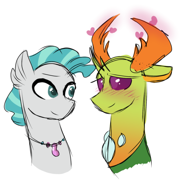 Size: 1155x1154 | Tagged: artist:thepegasisterpony, bust, changedling, changeling, crack shipping, derpibooru import, duo, gay, heart, hippogriff, interspecies, jewelry, king thorax, male, necklace, safe, shipping, terramar, terrax, thorax, transformation