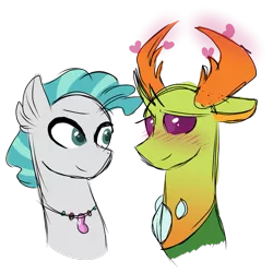 Size: 1155x1154 | Tagged: artist:thepegasisterpony, bust, changedling, changeling, crack shipping, derpibooru import, duo, gay, heart, hippogriff, interspecies, jewelry, king thorax, male, necklace, safe, shipping, terramar, terrax, thorax, transformation