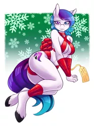 Size: 1425x1920 | Tagged: anthro, anthro oc, artist:ambris, bondage, breasts, christmas, commission, derpibooru import, female, gift wrapped, glasses, heterochromia, holiday, looking at you, mare, name tag, oc, oc:aurora starling, ribbon, smiling, solo, solo female, suggestive, unguligrade anthro, unofficial characters only, ych result