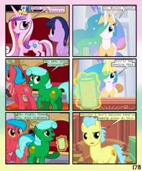 Size: 900x1080 | Tagged: safe, artist:lister-of-smeg, derpibooru import, princess cadance, princess celestia, twilight sparkle, twilight sparkle (alicorn), oc, oc:crosspatch, oc:pulp puree, oc:winter squash, alicorn, earth pony, pony, comic:crystal heart attack, female, magic, male, mare, potion, stallion