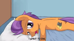 Size: 1280x720 | Tagged: safe, artist:unsavorydom, derpibooru import, tender taps, earth pony, pony, a channel, anime, bed, blanket, colt, depression, i want to die, lying down, male, meme, open mouth, parody, pillow, prone, solo, subtitles