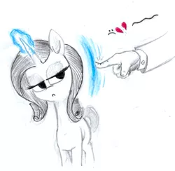 Size: 795x776 | Tagged: safe, artist:t72b, derpibooru import, rarity, oc, oc:anon, human, pony, boop denied, denied, disembodied hand, female, glowing horn, hand, heart, heartbreak, horn, magic, mare, partial color, rarity is not amused, sad face, traditional art, unamused